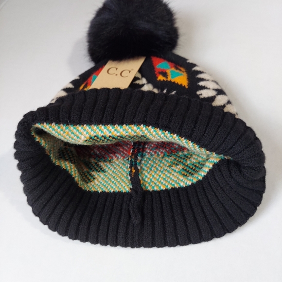 New Beanie Hat Womens Black Knit Hat Winter Beanie Warm Faux Fur Pompom - Picture 6 of 11